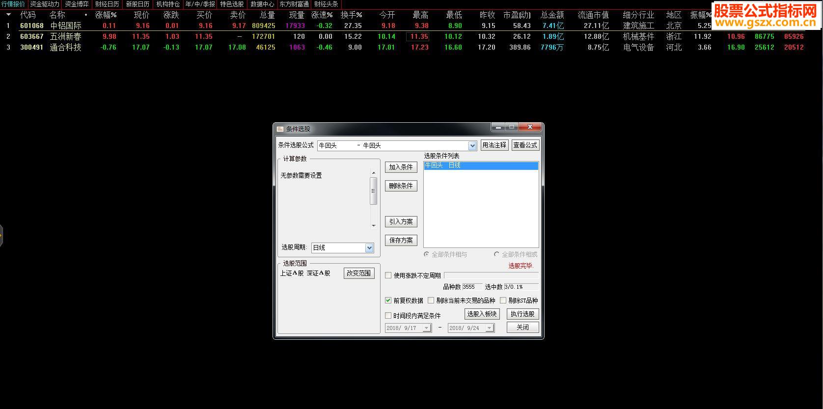 通达信牛回头(指标选股公式贴图)趋势特征选股